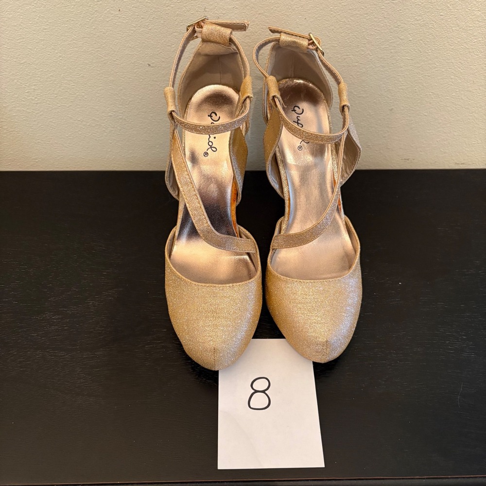 Qupid Gold Glitter Heels Party Ankle Strap Stiletto Pumps Size 8